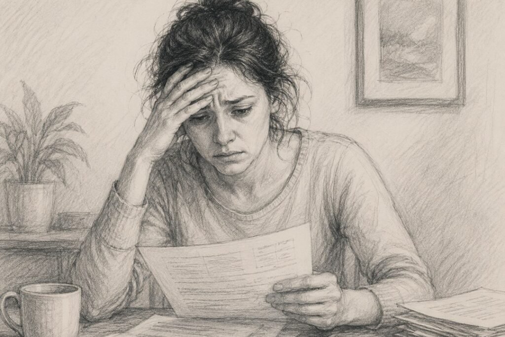 Pencil illustration of a woman at a kitchen table, head in hand, reading a letter surrounded by paperwork