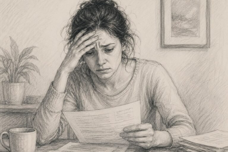 Pencil illustration of a woman at a kitchen table, head in hand, reading a letter surrounded by paperwork