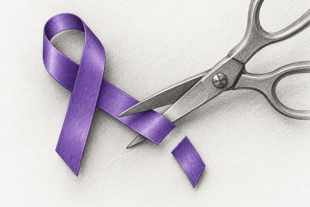 Pencil drawing of a purple awareness ribbon with a pair of scissors cutting off one of its tails