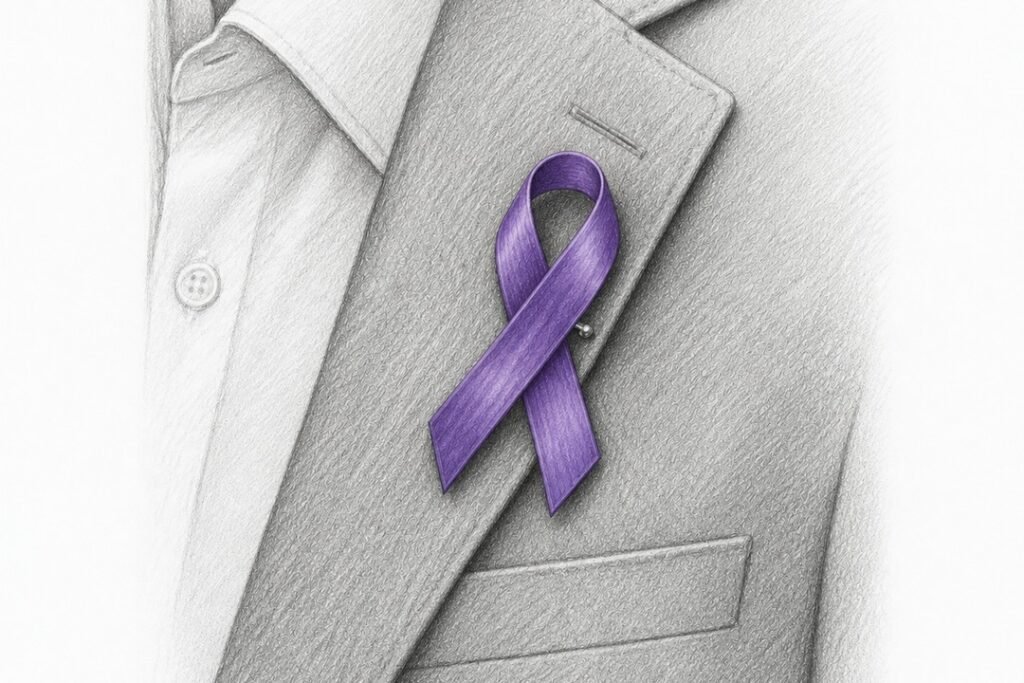 Pencil drawing of a purple awareness ribbon pinned to the lapel of a grey suit jacket