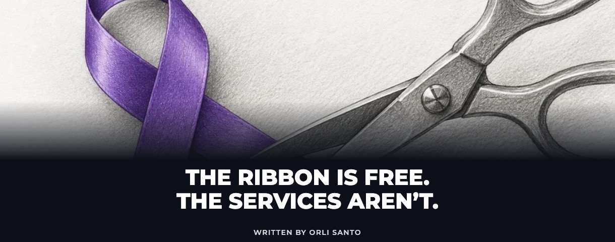 Purple awareness ribbon being cut by scissors, with the title The Ribbon Is Free. The Services Aren’t.