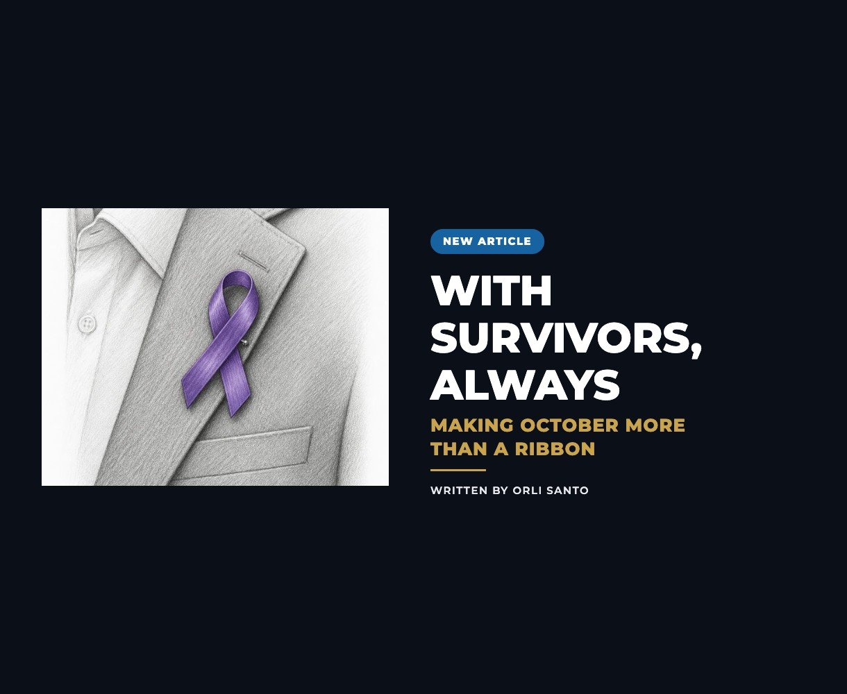 Pencil drawing of a purple ribbon pinned to a suit lapel, beside the title With Survivors, Always