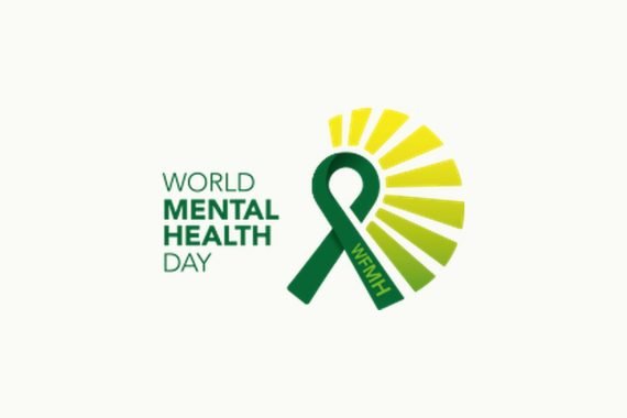 The World Mental Health Day logo: a green ribbon with yellow rays and the letters WFMH