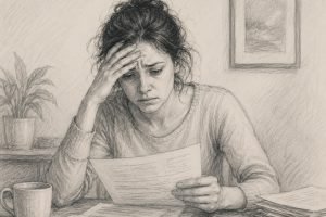 Pencil illustration of a woman at a kitchen table, head in hand, reading a letter surrounded by paperwork