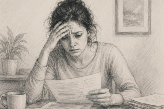 Pencil illustration of a woman at a kitchen table, head in hand, reading a letter surrounded by paperwork
