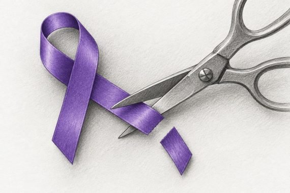 Pencil drawing of a purple awareness ribbon with a pair of scissors cutting off one of its tails