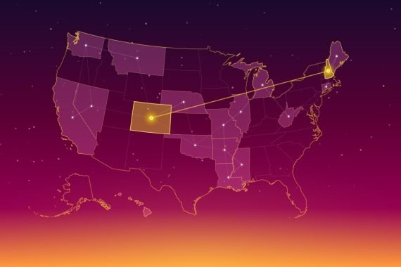 A dawn-lit U.S. map drawn as a star constellation, with the states that recognize coercive control glowing and New Hampshire and Colorado highlighted in gold.