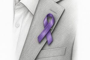 Pencil drawing of a purple awareness ribbon pinned to the lapel of a grey suit jacket