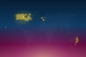 Constellation-style world map with gold points marking jurisdictions that have legislated against coercive control, Canada brightest